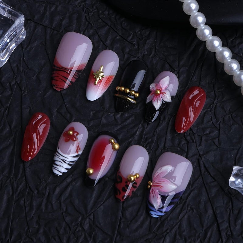 SEENEEY Almond Press on Nails Long Fake Nails Red Artificial Nail Black French Pink Floral and Gold Charm Designs Cute Stick on Nail for Women 24pcs - Image 3